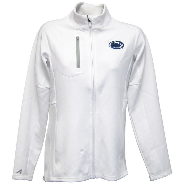 women's white full zip jacket with stitched Penn State Athletic Logo on left chest